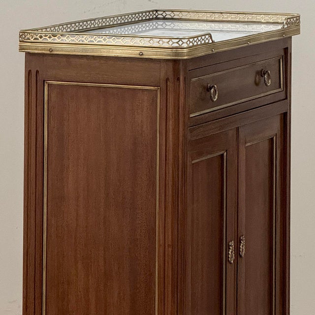 Antique French Louis XVI Mahogany Cabinet With Carrara Marble Top and Brass Gallery For Sale - Image 9 of 18