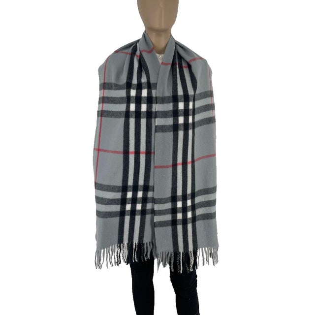 Burberry Grey Plaid 100% Cashmere Scarf