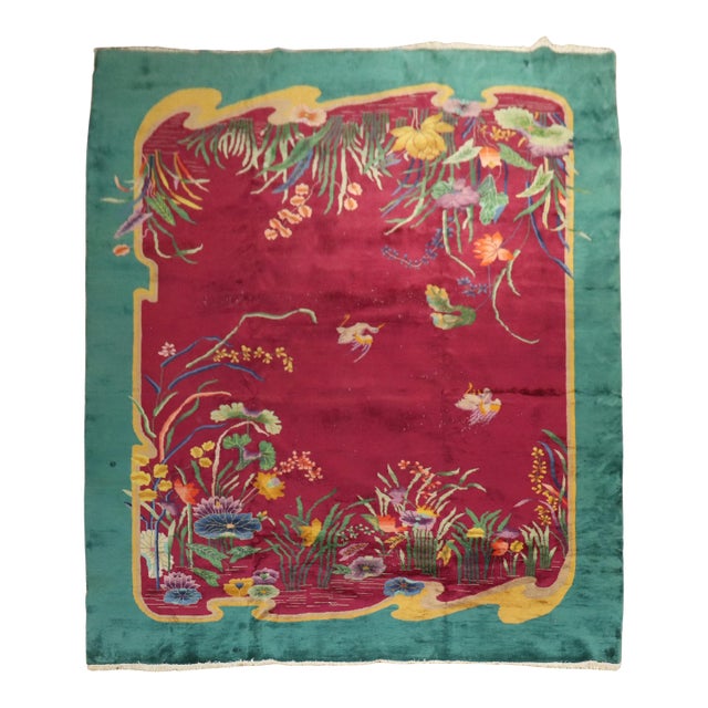 Zabihi Collection Burgundy Emerald Green Antique Chinese Art Deco Carpet - 9'10" x 13'5" For Sale