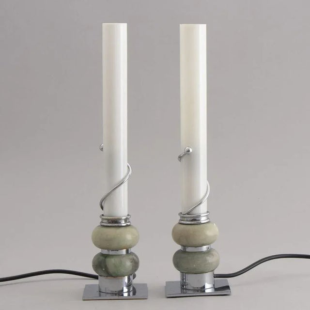 Exceptional Table Lamps in Chrome and Onyx with White Glass Cylinders, Set of 2 For Sale - Image 9 of 9