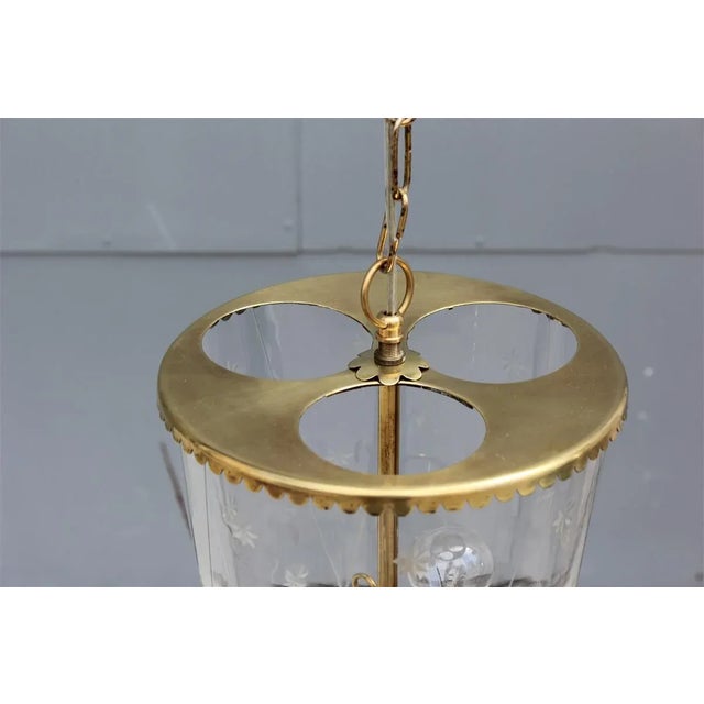 Mid-Century Italian Engraved Glass and Brass Ceiling Lamp from Crystal Art, 1950s For Sale - Image 4 of 13