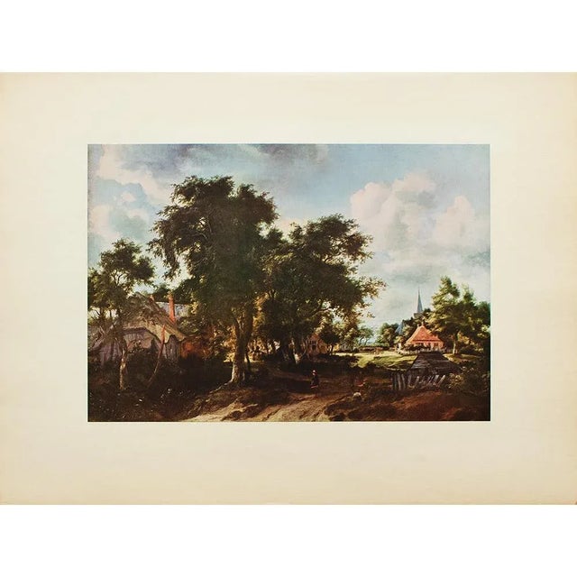 A vintage full-color print after oil painting "Entrance to a Village" by Meindert Hobbema. Comes from a First Edition art...