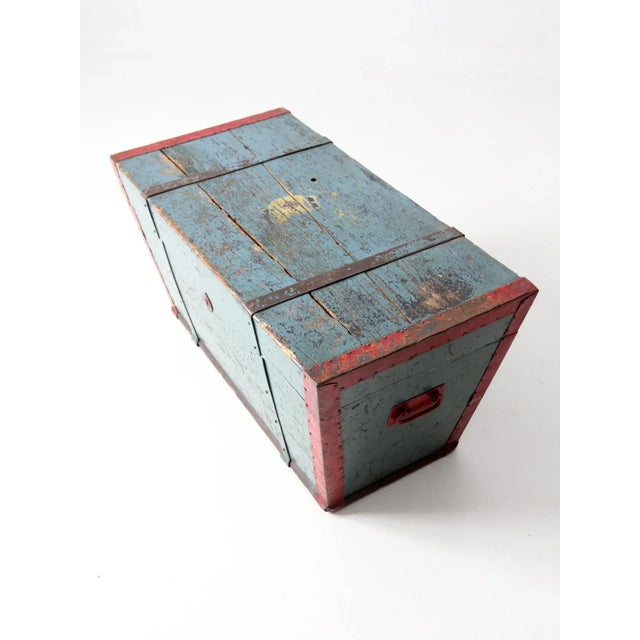 Antique Blue Hand-Painted Wood Trunk For Sale - Image 10 of 13