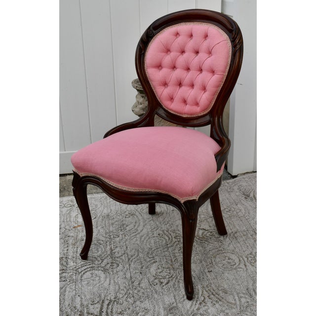 Antique Walnut Parlor Chair Victorian Style Tufted Pink Bedroom Accent Vanity For Sale In Philadelphia - Image 6 of 13