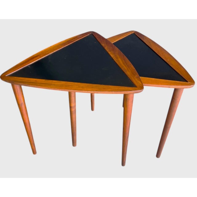 1960s Pair of Restored Danish Modern Teak & Black Laminate Triangle Side Tables – Mid-Century Accent Set For Sale - Image 13 of 13