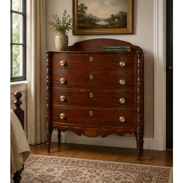 A striking New England Federal mahogany bow-front chest of drawers dating to circa 1820–1840, distinguished by its tall...