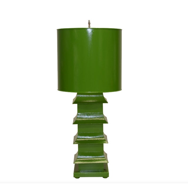 Green painted large tole pagoda lamp with 13" diameter painted tole shade. UL approved for one 60 watt bulb. Diameter:13"...