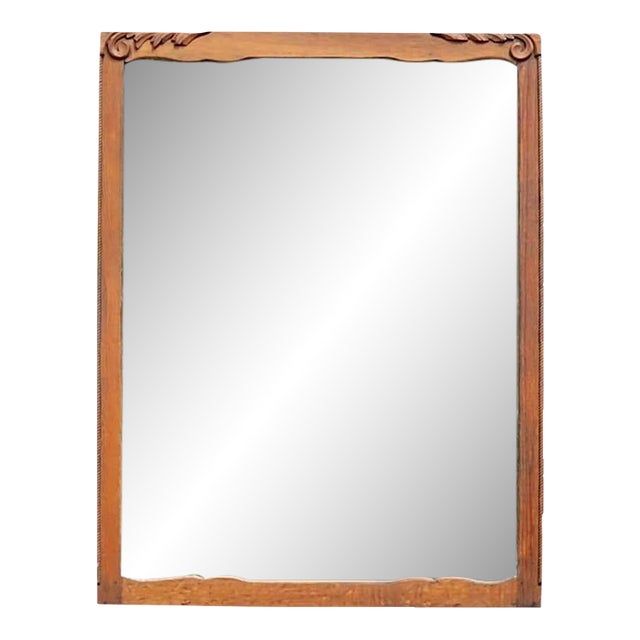 Antique Ornate Hand-Carved Oak Beveled Wall Mirror, Wood Plank Back, 43.5 X 33.5 For Sale