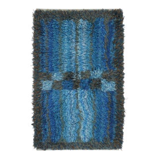 Vintage Swedish Rya Runner With Blue and Gray Geometric Pattern - Rug & Kilim For Sale