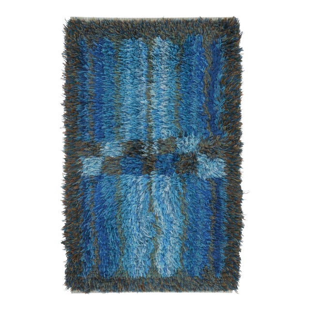 Vintage Swedish Rya Runner With Blue and Gray Geometric Pattern - Rug & Kilim For Sale