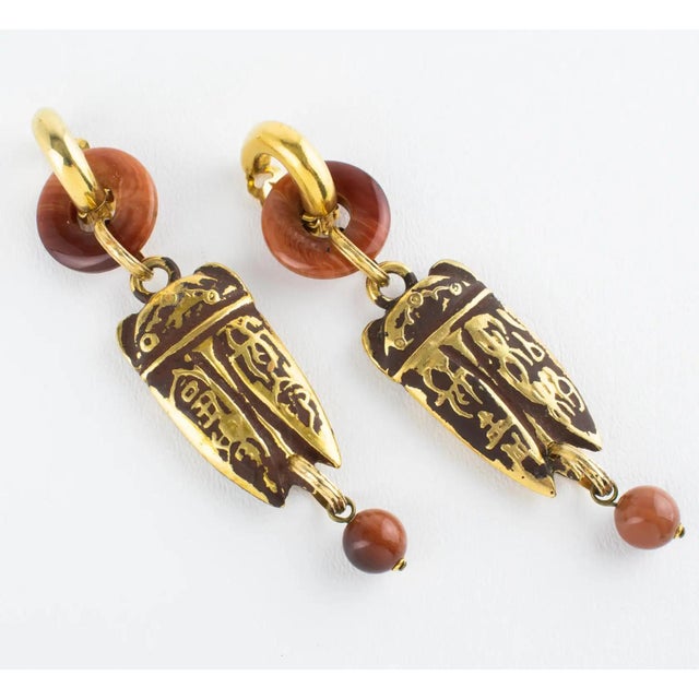 Zoe Coste Boho Ethnic Chic Cocoa Brown and Gilded Resin Dangle Clip Earrings For Sale - Image 4 of 9