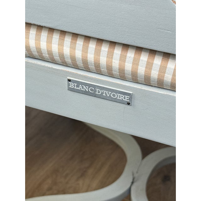 Made in France - 8 beautiful Blanc D’Ivoire wooden dining chairs. French blue with soft French traditional design, easily...