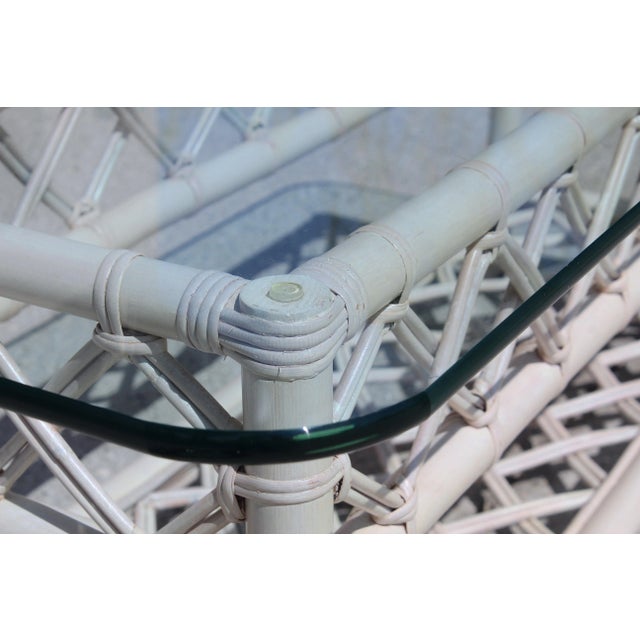 Vintage 1970s Coastal Rattan Coffee Table With Turquoise Glass Top and Cream-Colored Cane Frame For Sale - Image 9 of 12