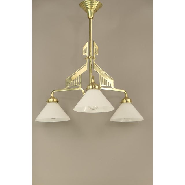 Art Deco Brass Chandelier with Opal Glass Shades, Vienna, Austria, 1925 For Sale - Image 4 of 8