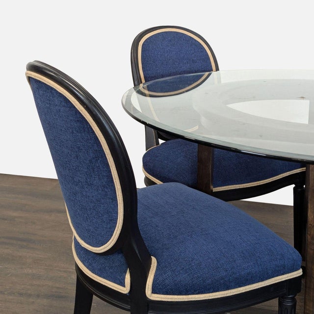 Elegant 5-Piece Dining Set With Glass Table and Blue Upholstered Chairs For Sale - Image 14 of 16