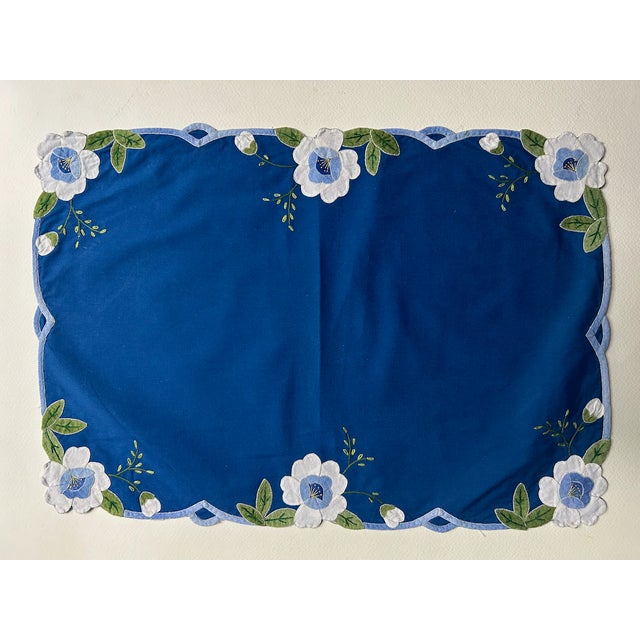 Mid 20th Century Set of 6 Madeira Blue Cotton Placemats & Embroidered White Florals For Sale - Image 13 of 15