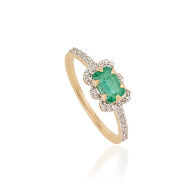 VR Jewels Art Deco Zambian Emerald & Diamond Halo Ring Size 6.5 in 14k Yellow Gold For Sale - Image 4 of 17