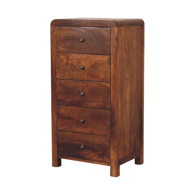 Mid-Century Modern Chestnut Mango Wood 5-Drawer Tall Chest For Sale - Image 3 of 8