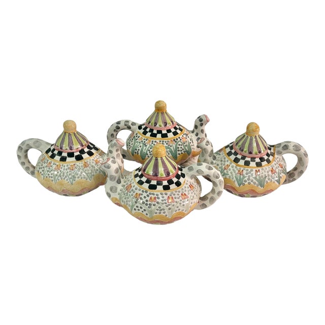 2003 MacKenzie-Childs "Piccadilly" Hand-Painted Ceramic Teapot Cabinet Pulls - Set of 4 For Sale