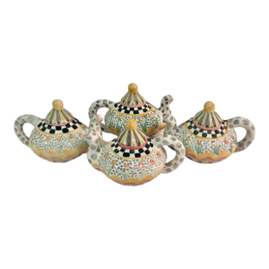 2003 MacKenzie-Childs "Piccadilly" Hand-Painted Ceramic Teapot Cabinet Pulls - Set of 4