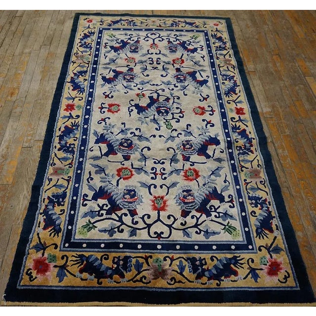 1930s White Foo Dog Traditional Antique Chinese Silk Carpet 4' X 7' Handknotted Rug For Sale - Image 4 of 15