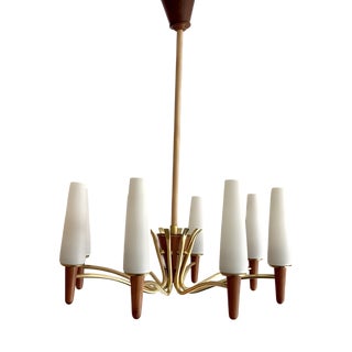 Large Mid-Century Modern Scandinavian Teak, Glass, & Brass Chandelier in the style of Stilnovo, 1960s For Sale