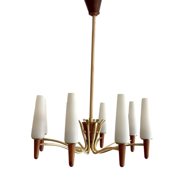 Large Mid-Century Modern Scandinavian Teak, Glass, & Brass Chandelier in the style of Stilnovo, 1960s For Sale