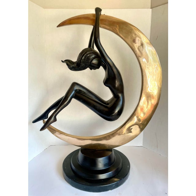 Late 20th Century Art Deco Bronze Nude Figure Suspended in Brass Crescent Moon Sculpture on Marble Base For Sale - Image 5 of 12
