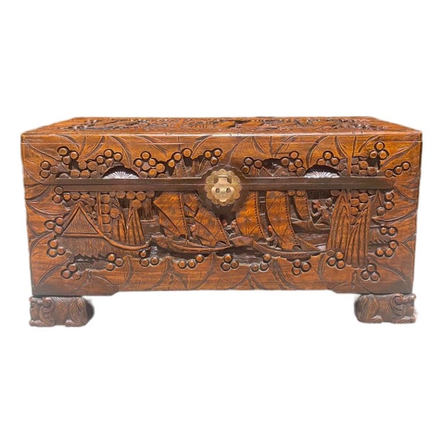Antique 1930s Chinese Hand-Carved Camphor Chest For Sale