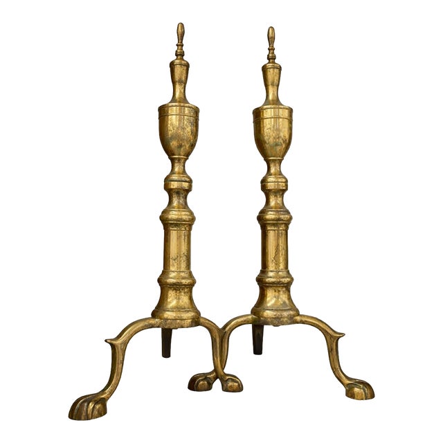A Pair of 19th-Century Brass Andirons in Classical Form For Sale