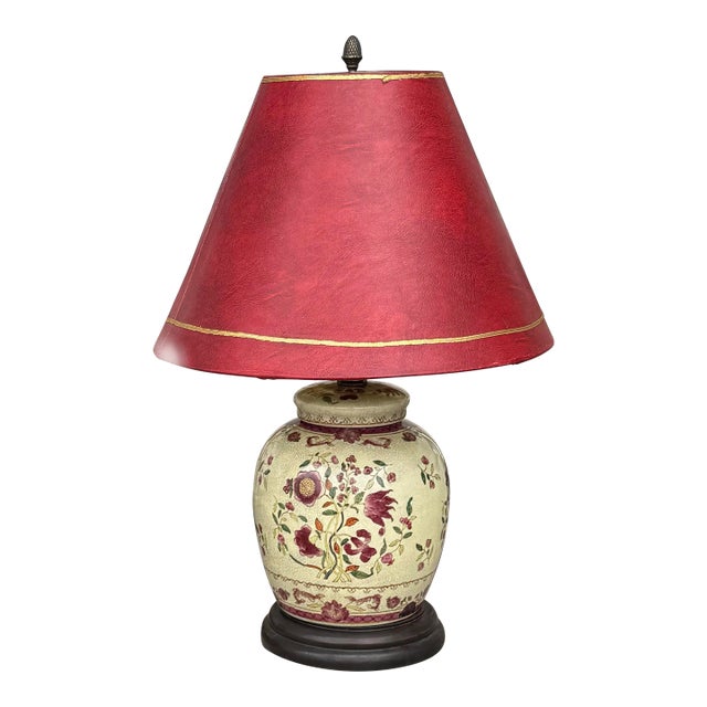 Oriental Ginger Jar Table Lamp With Red Leather Stiffel Lamp Shade For Sale