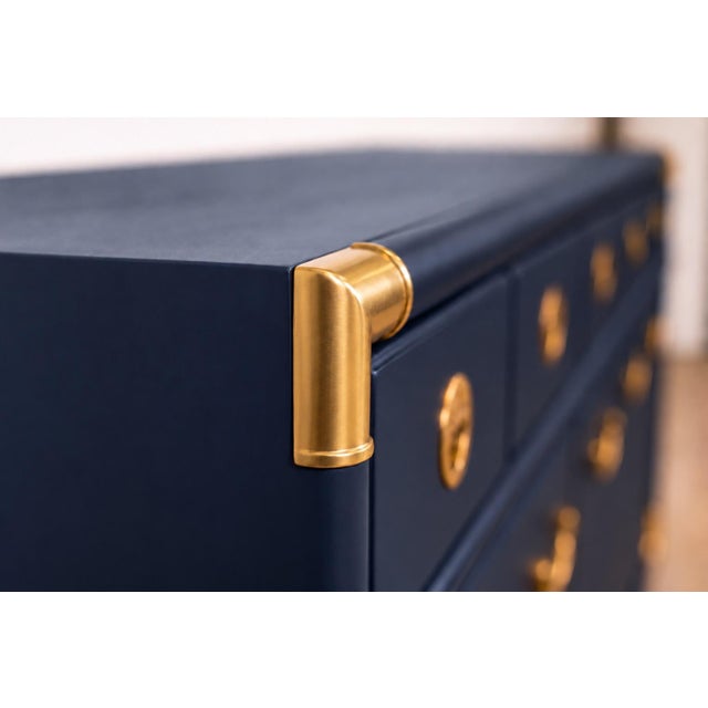 Professionally Refinished 1970s Drexel Accolade Campaign Buffet / Sideboard — Custom Navy Blue For Sale - Image 11 of 11