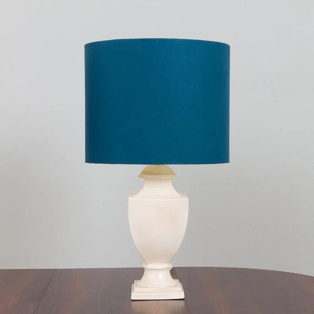 Large Italian Neoclassical Table Lamps with Deep Blue Linen Shades, 1980s, Set of 2 For Sale - Image 3 of 9