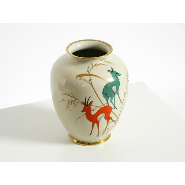 Mid-Century Modern Light Blue Porcelain Vase with Hand-Painted Wildlife Motifs from PMR Bavaria Jaeger & Co., 1940s For Sale - Image 3 of 18