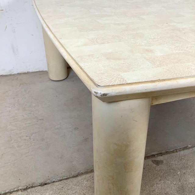 1980s Lane Postmodern Faux Parchment Coffee Table With Sculptural Cylinder Legs For Sale In Philadelphia - Image 6 of 18
