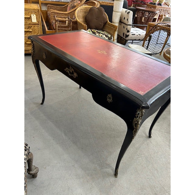 Louis XV Style Ebonized Desk With Red Tooled Leather Top For Sale In West Palm - Image 6 of 12