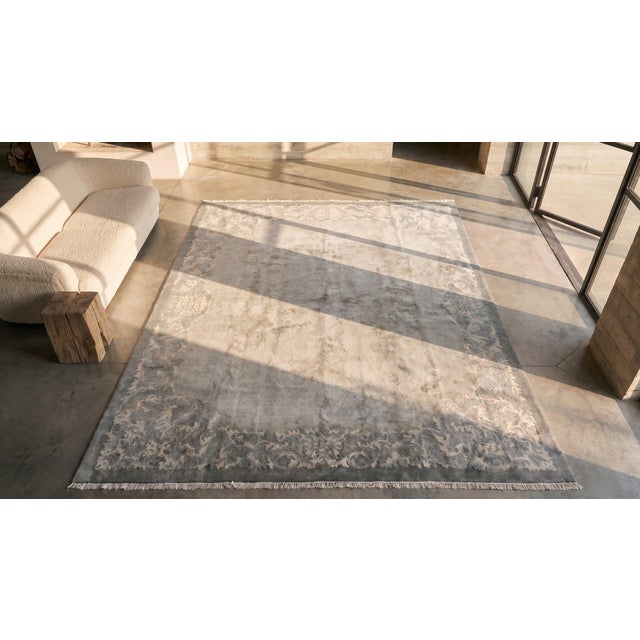Gray 1930s Gray Green Open Field Foliate Antique Chinese Art Deco Knotted Wool Rug For Sale - Image 8 of 8