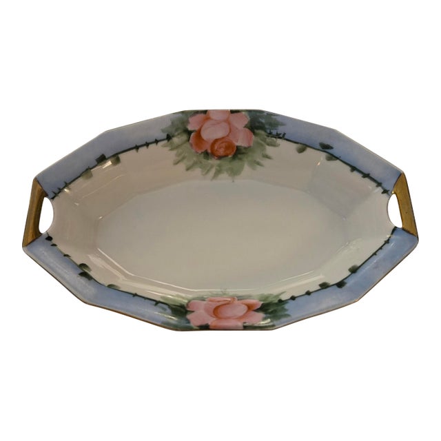 Vinatage Hand-Painted Pink Rose Porcelain Dish Trimmed in Gold For Sale