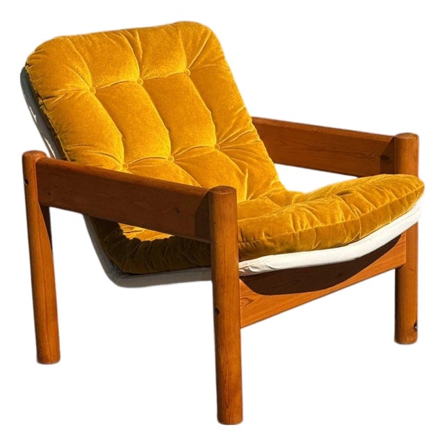 Danish Modern Solid Pine Lounge Armchair | New Canvas Sling & Mustard Velvet Cushion | C. 1970s For Sale