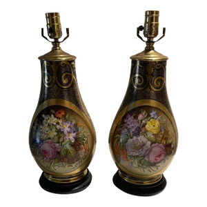 Pair of Antique Sevres-Style Cobalt Blue Hand Painted Floral Porcelain Table Lamps