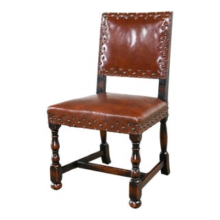 Early Mid-20th Century Spanish Revival Century Furniture Oak Side Chair With Cognac Leather & Antiqued Brass Details For Sale