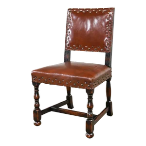 Early Mid-20th Century Spanish Revival Century Furniture Oak Side Chair With Cognac Leather & Antiqued Brass Details