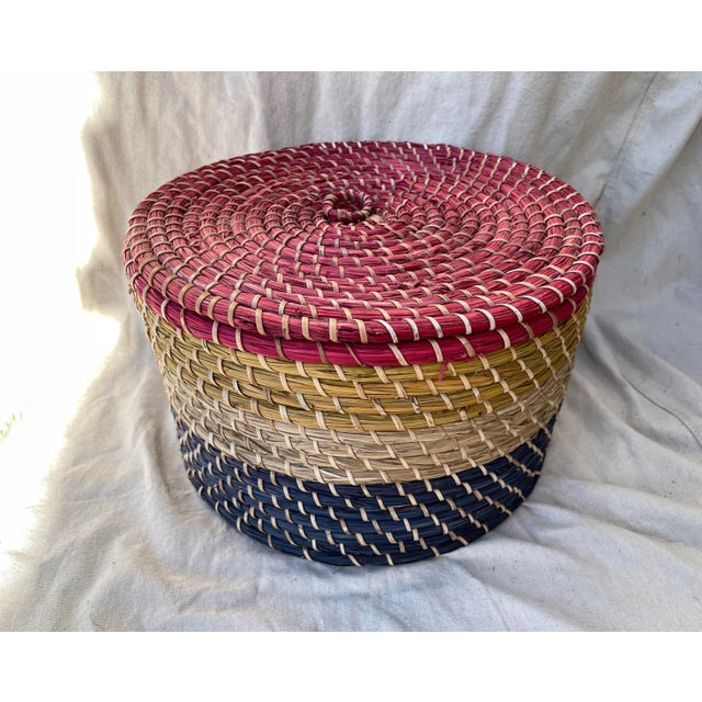 Textile Vintage Med. Size Straw Coiled Multi-Color Basket For Sale - Image 7 of 8