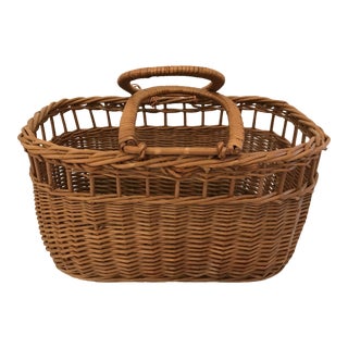 Vintage Wicker Basket With Handles For Sale