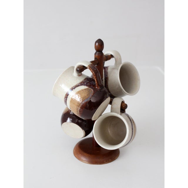 1970s Vintage Handmade Studio Pottery Mug Set With Wooden Stand - Set of 5 For Sale - Image 5 of 17