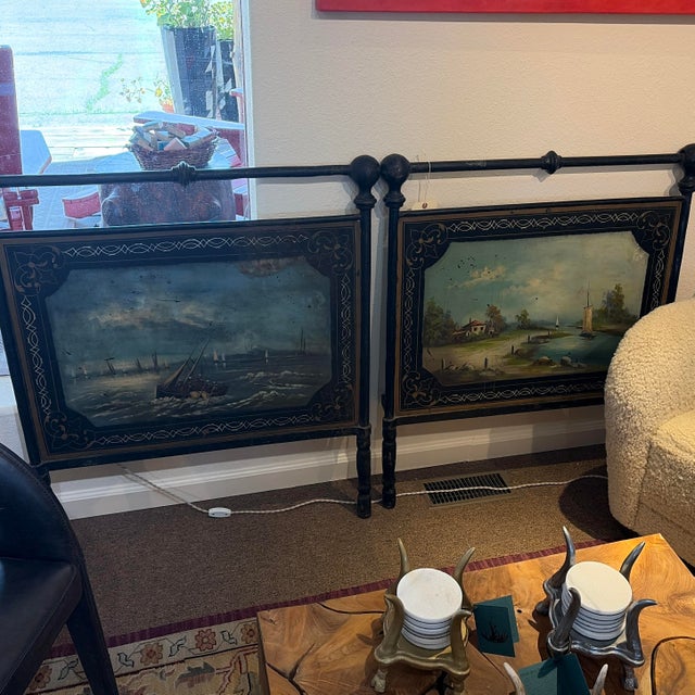 French Early 19th Century Iron Napoleonic Campaign Bed With Painted Nautical Scenes For Sale - Image 3 of 3