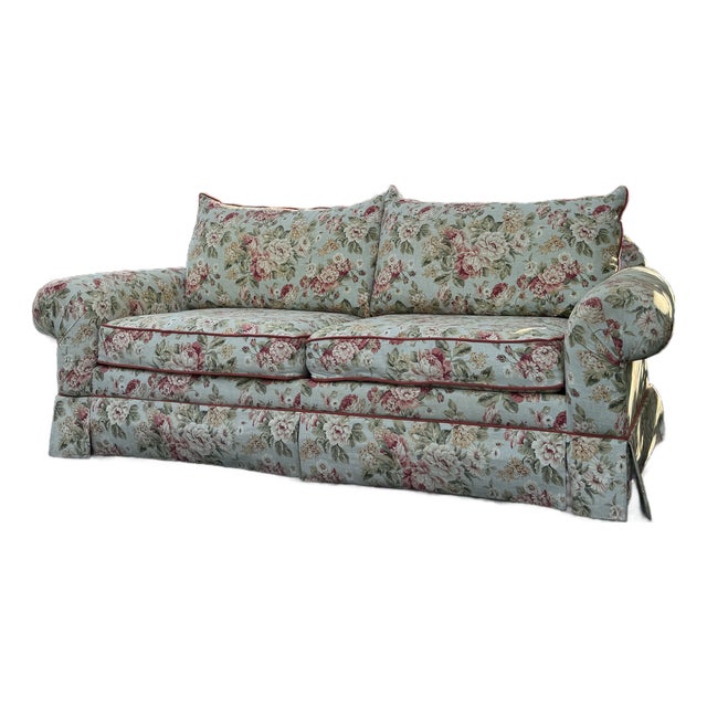 Vintage English Cottage Floral Upholstered Sofa | Grandmillennial Skirted Couch | Custom Floral Loveseat For Sale