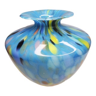 Vintage Murano Style Art Glass Blue Blown Vase For Sale