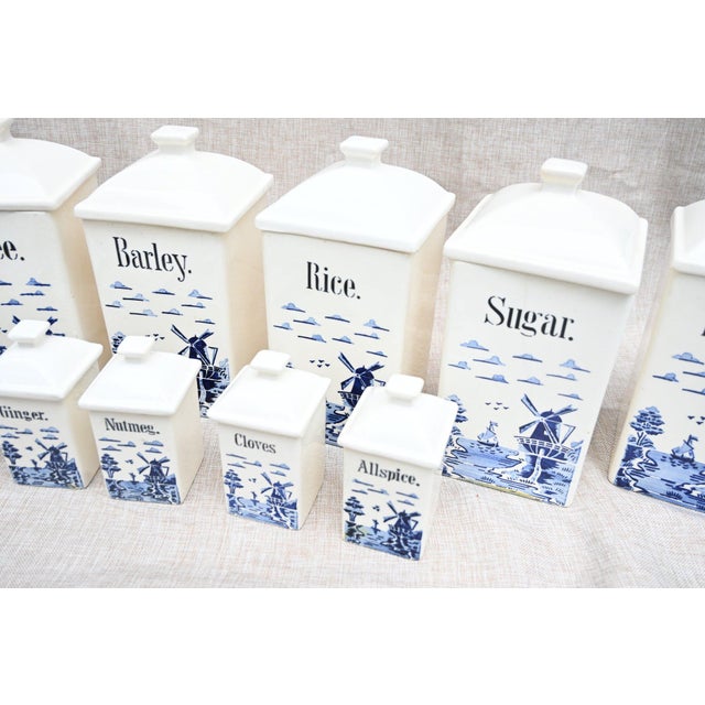 Early 20th Century 1920s-1940s Vintage Delft-Style Dutch Windmill Motif Kitchen Canister and Cruet Set For Sale - Image 5 of 7