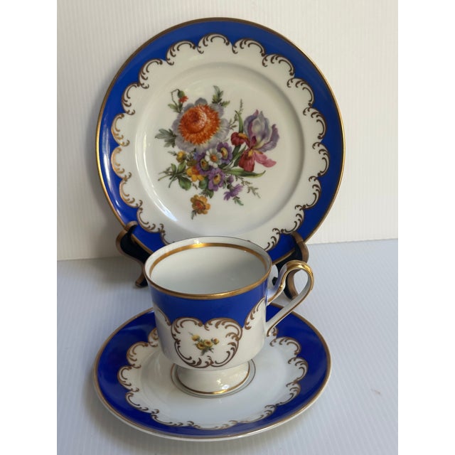 Vintage 1950's Kunst Hummendorf Kronack Bavaria Germany Porcelain Tea Set Trio Cobalt Blue Gold Tea Cup Saucer Dessert Plate For Sale - Image 17 of 18